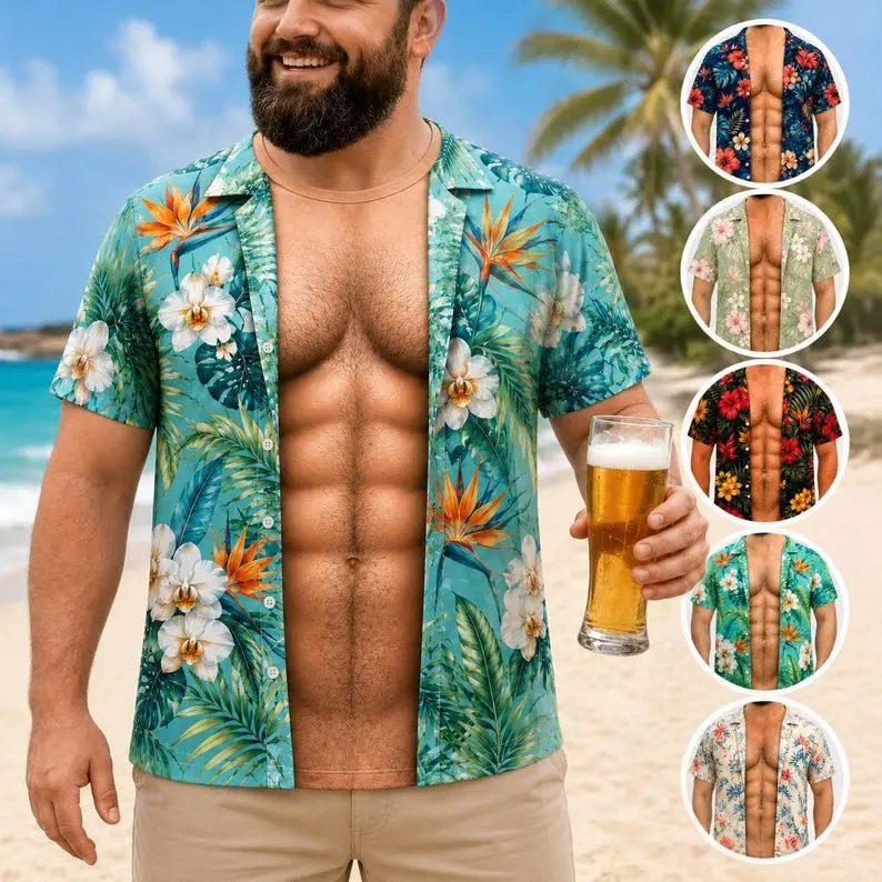 Funny Muscle 3D Hawaiian Shirt Illusion T-Shirt for Men – Fake Open Beach Shirt Graphic, Summer Vacation Tee