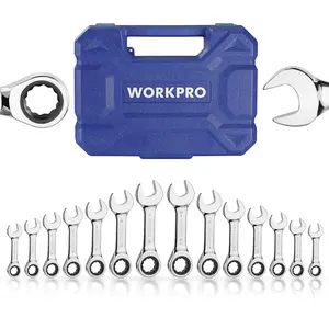 #JumpstartSale WORKPRO 14-Pack Ratcheting Combination Stubby Wrench Set, 72 Teeth, Combo Ratchet Wrenches Set with Organizer Box, SAE 3/8-3/4" & Metric 10-18mm
