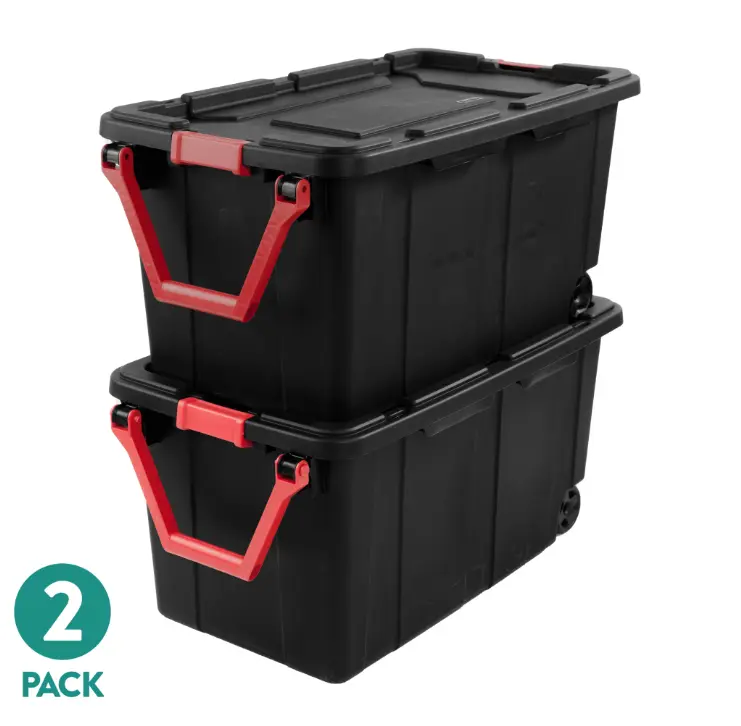 Sterilite Extra-Large Wheeled Industrial Storage Bin, 40 Gallon Durable Plastic Storage Tote with Latching Lid and Pull Handle, Black, 2 Pack