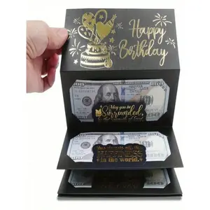1 surprise birthday cash gift envelope with 6 slots - black and gold design, men's and women's holiday wallets, unique souvenirs for birthday celebration, cartoon fantasy theme, cash gift display, gift envelope, Party gift