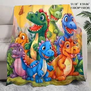Dinosaur Cartoon Print Flannel Fleece Blanket - Hypoallergenic, Machine Washable, Multipurpose Cozy Bedding Throw For All Seasons - Soft Polyester Knitted Bedroom