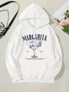 Women's Letter & Margarita Print Thermal Lined Hoodie, Fashion Casual Drawstring Kangaroo Pocket Hooded Sweatshirt for Daily Holiday Outdoor Wear, Women Clothing for Fall & Winter