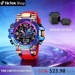 Men's Colorful Punk Style Quartz Watch  Multi-Functional Water Resistant Dual Display Wristwatch Trendy Fashion Sport Watch, Birthday Gift with Tin Box
