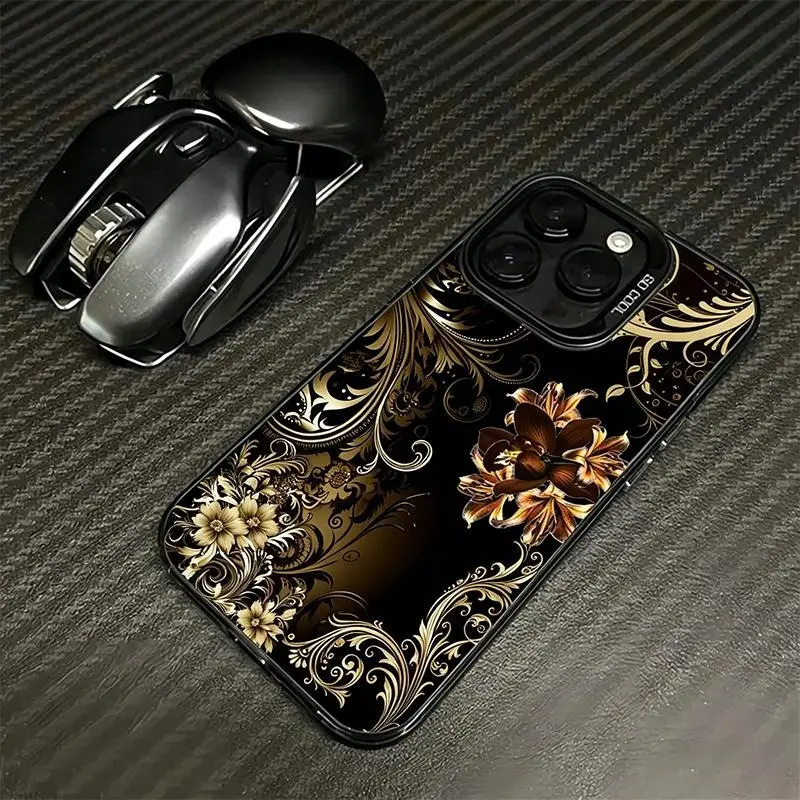 Golden Floral Baroque Holo Frame Phone Case Luxury Gold Orchid Swirl Graphic 2D Print Silver Matte Mirror Cover for iPhone 11-17 Pro Max