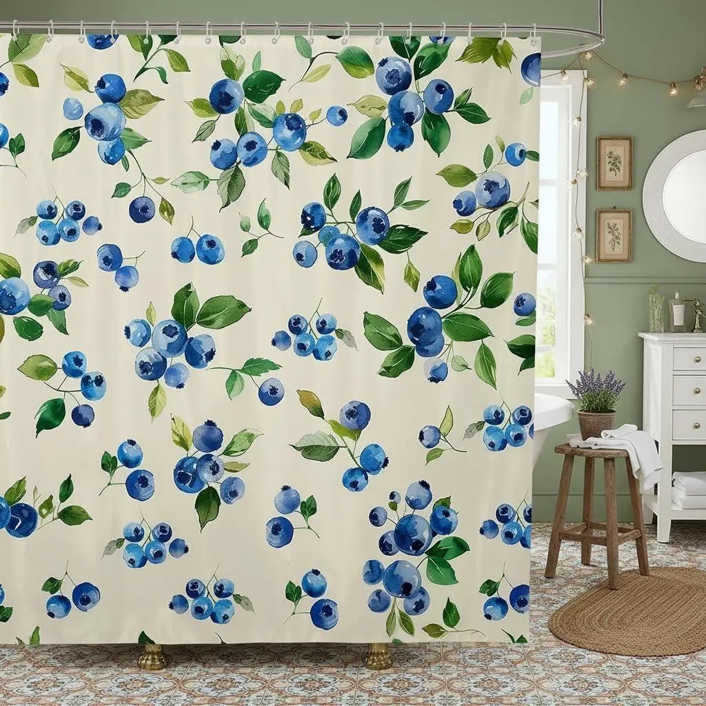Blueberry Shower Curtain Fruits Bathroom Shower Curtain Sets Cartoon Cute Blueberry Waterproof Bathroom Curtains Fruit Kawaii Natural Botanical Bath Curtain