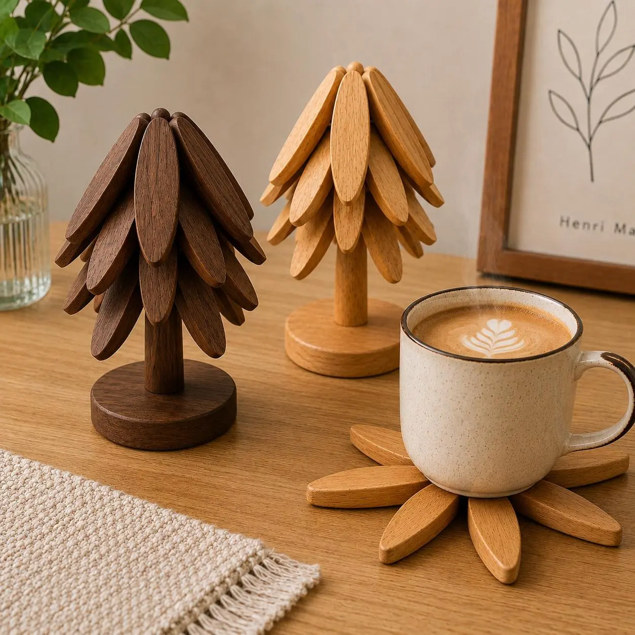 Natural Tree Wooden Coaster Trivet Set (4 Trivets + 1 Stand) - Sturdy, Stylish, Heat-Resistant, Foldable, Durable, Scratch-Resistant Dinner Set Accessory, Special Texture, Christmas Gift, 2-Color Option (Burlywood, Walnut), Scratch-Resistant Dinner Sets