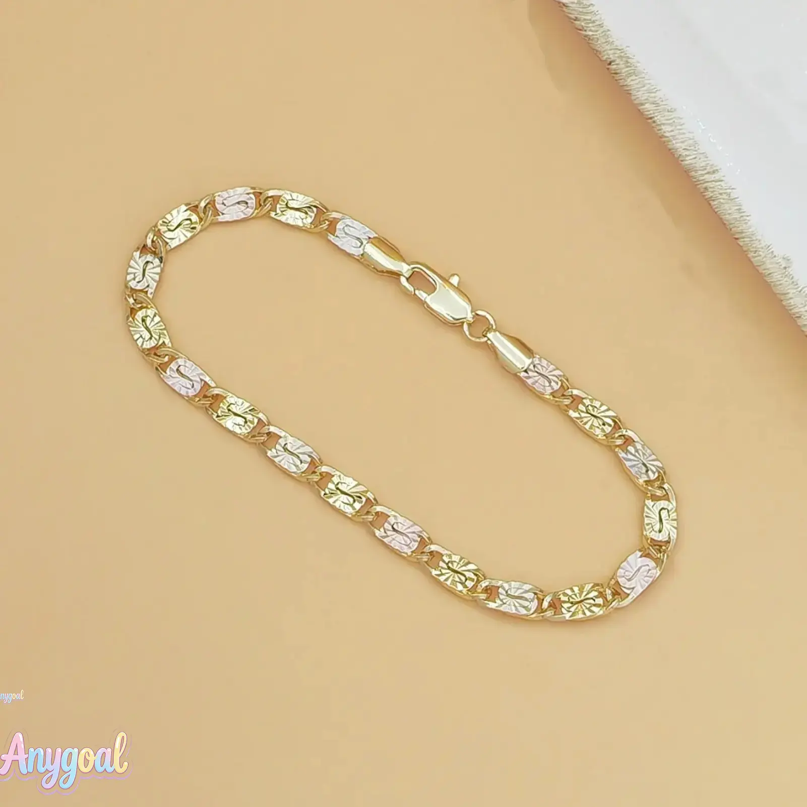 Anygoal 1pc 14K Gold Tri-Color Mariner Link Bracelet for Women, Polished Floral Engraved Gold Tone Chain with Lobster Claw Clasp,Dainty Jewelry Gift for Her, Ideal for Casual Wear, Gifting, and Everyday Styling The best gift for your partner summervibes