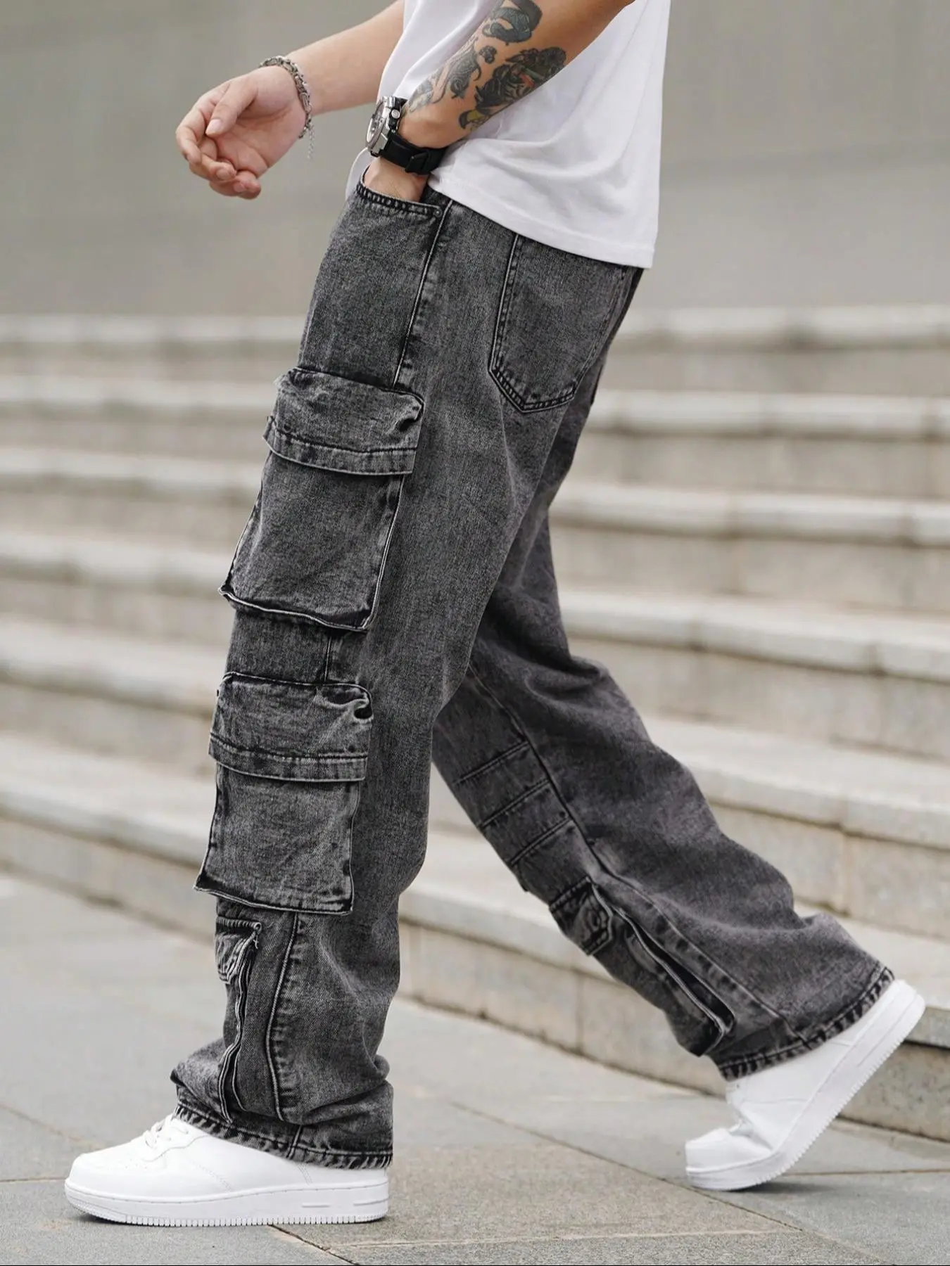 Men's Street Style Washed Wide Leg Cargo Jeans, Loose Fit Street Fashion Casual Comfy Multi-pocket Denim Pants for Daily Wear, Men's Trousers for All Seasons, Streetwear, Denim Clothing, Loose Denim Pockets, Relaxed Fit Jeans