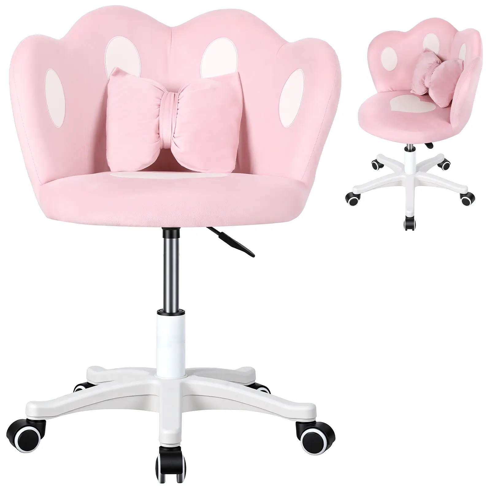 Cute Cat Paw Tub Chair - 360-Degree Swivel, Height-Adjustable Indoor Furniture with Lumbar Bow Pillow, Ins Style Vanity/Computer Chair for Girls' Bedroom Dorm