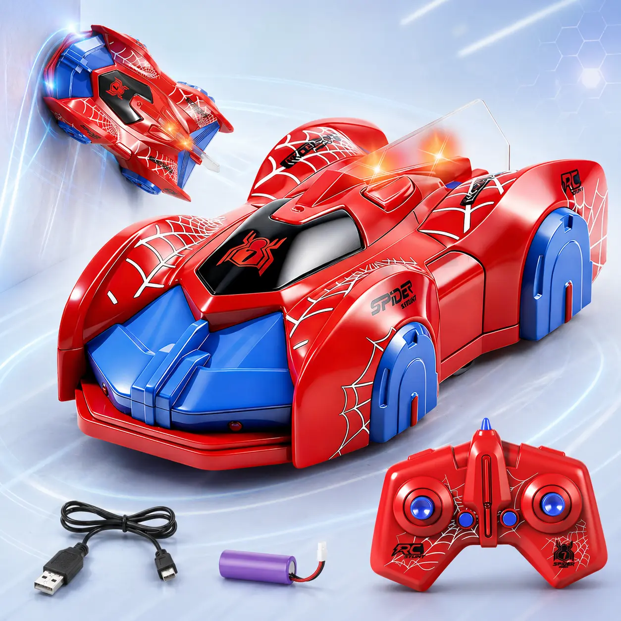 Kids Wall Climbing RC Stunt Car, Spider Style Remote Control Car with 360 Rotation, LED Lights and USB Rechargeable Design