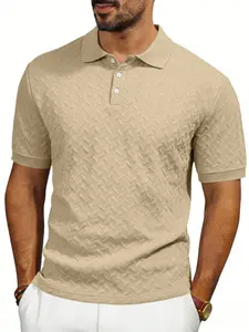 Men's Chevron Texture Plaid Knit Shirt, Short Sleeve Button-Up Casual Golf Top, Summer Breathable Textured T-Shirt (multiple Colors)