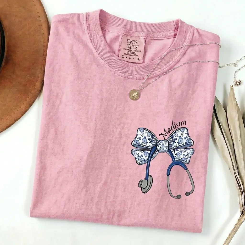 Comfort Colors [Custom Name] Nurse Stethoscope Bow Sweatshirt or Shirt – Personalized Healthcare Gift  Top