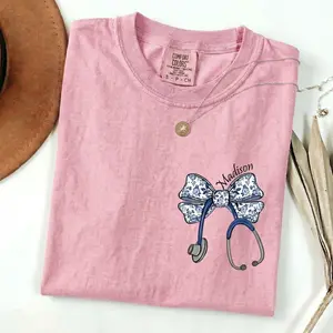 Comfort Colors [Custom Name] Nurse Stethoscope Bow Sweatshirt or Shirt – Personalized Healthcare Gift  Top