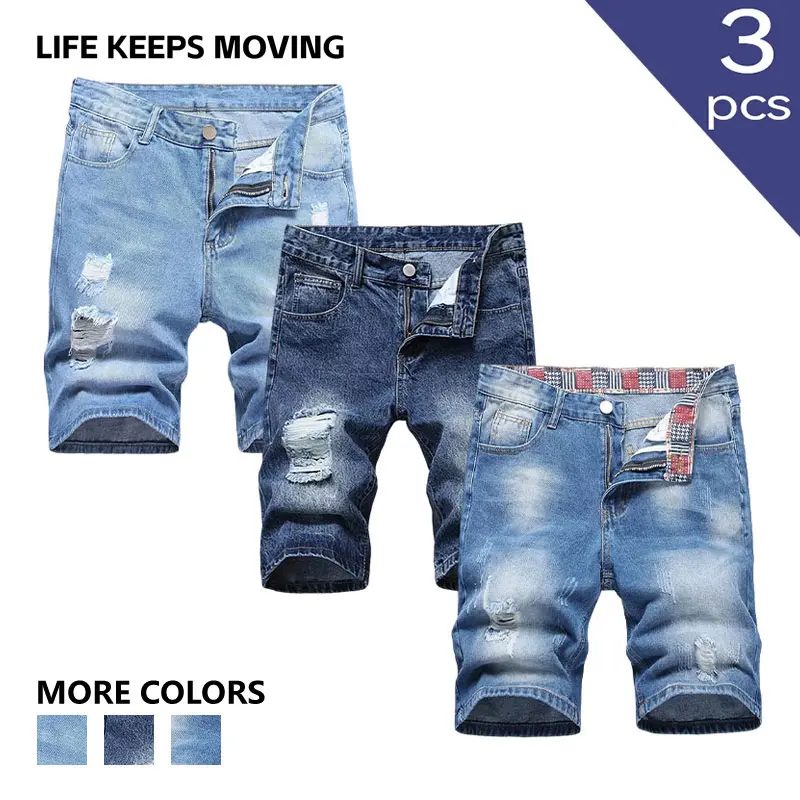 “LIFE Keeps Moving” available in packs of 2 or 3; classic men’s denim shorts; ripped slim-fit jeans; multiple styling combinations available; men’s fashionable slim-fit mid-length straight-leg jeans with a comfortable design and durable fabric; classic me