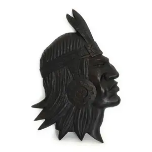 Inca Mask Wood Wall Plaque Hand Carved Peruvian Art Dark Brown 13” Tall