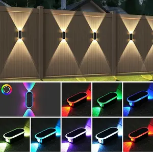 Solar Wall Lights Outdoor Up Down Dual-Lens, 2/4/6/10 Pack, Warm White + 7 Fixed RGB Colors & Cycle Mode, IP65 Waterproof Solar Fence Lights for Patio Garden Yard