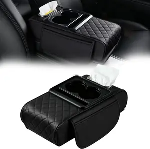 Car Armrest Cushion,5-in-1 Center Console Cover with 2 Storage Bags Cup Holder, Tissue Box Slot, Phone Slot for Sedans, Car Accessories Interior Organizers (Black)
