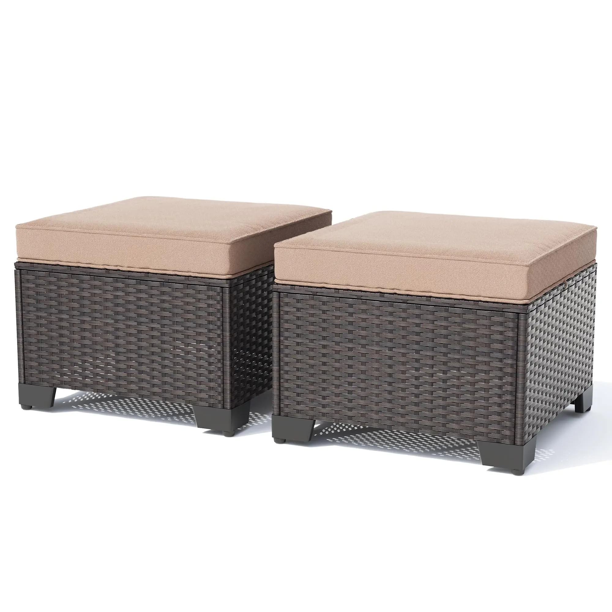 Outdoor Ottoman Set of 2,All-Weather PE Wicker Outdoor Footstool with Thickened Cushions for Garden,Backyard,Deck,Porch,Poolside