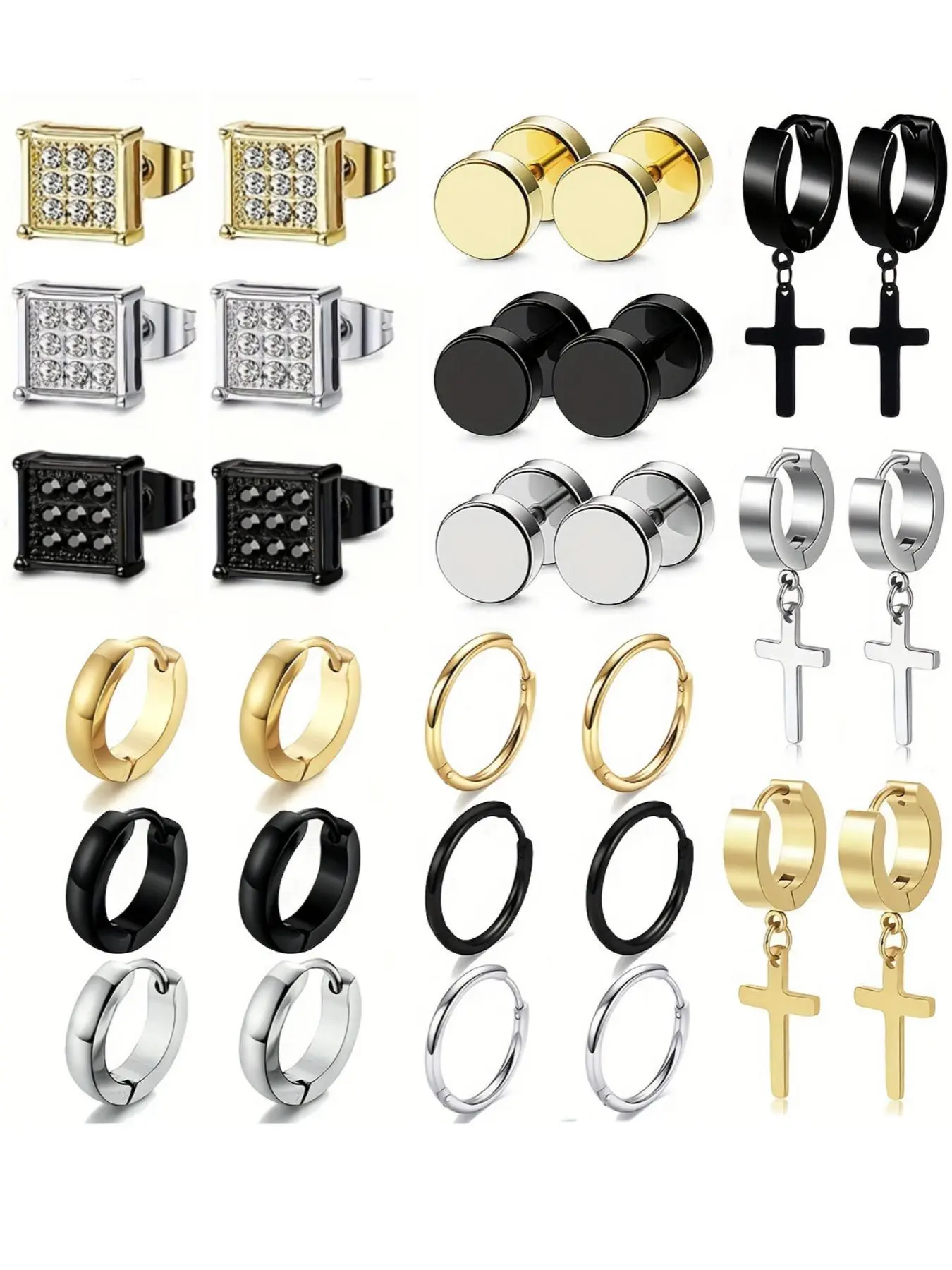 15 Pairs of Men's Stainless Steel Anti Tarnish Earrings, Earring Pack, Synthetic Zircon Ear Studs, Stylish Men's Pierced Jewelry for Everyday Wear, High Quality Earrings, Good Earrings, Fashionable Earrings, Studded Cross Earrings, Trendy Jewelry