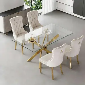59.06" Transparent Glass Dining Table for 4, Modern Rectangular Dining Table,.Transparent Tempered Glass Tabletop,Velvet Upholstered Chairs,Golden Stainless Steel Plating Legs,Easy To Clean Sturdy,Suitable for Dining Room, Office, Kitchen summergarden