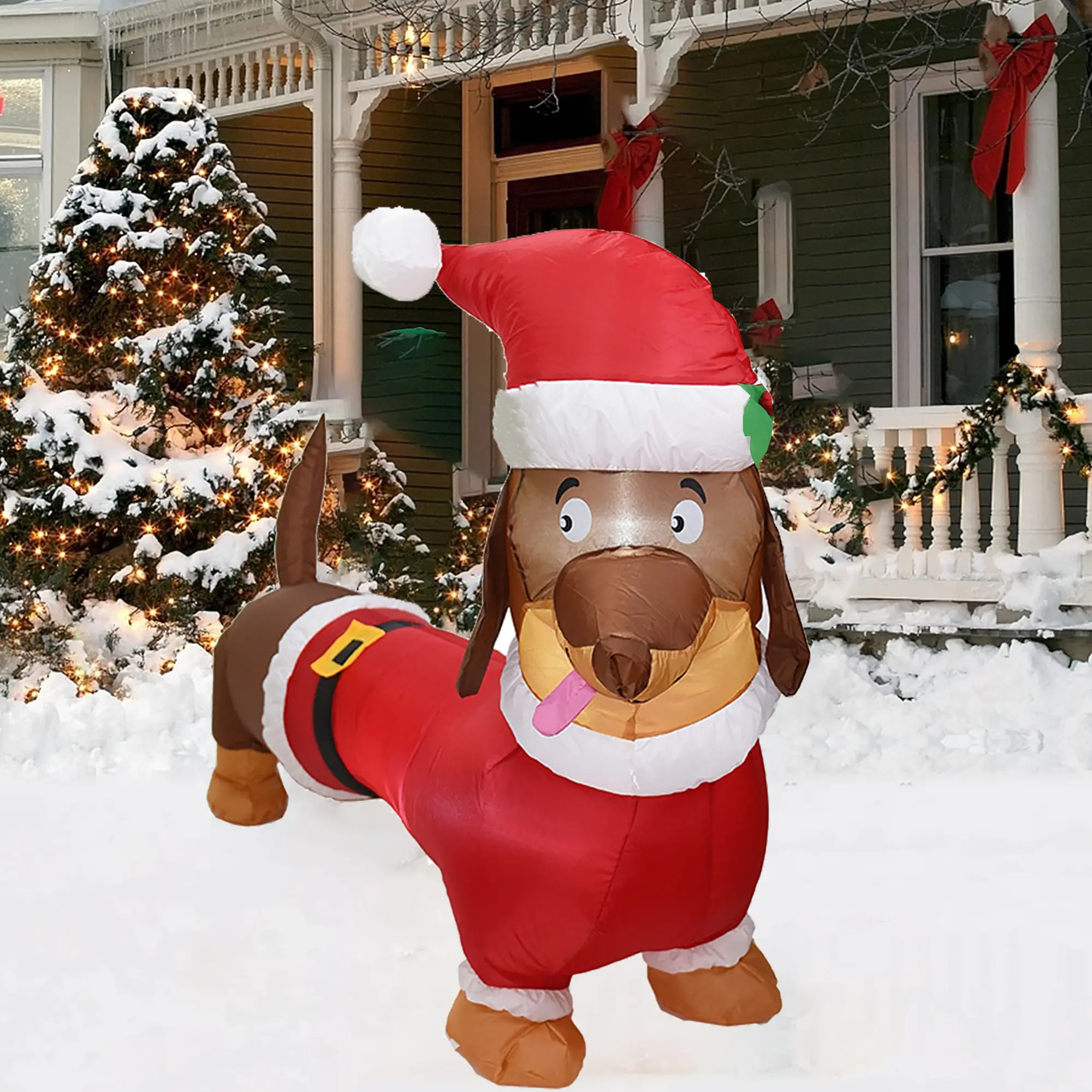 5FT Christmas Inflatable Dachshund, Lighted Santa Wiener Dog Blow Up Decoration, Outdoor Holiday Yard Decor for Xmas Party, Patio