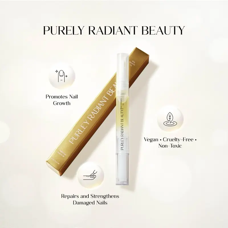 Purely Radiant Beauty Nail Growth Oil Nourishing & Moisturizing Formula for Longer Stronger Nails Prevents Brittleness Breakage Made with Jojoba Castor Coconut & Argan Oils 3ML Natural Blend Peeling