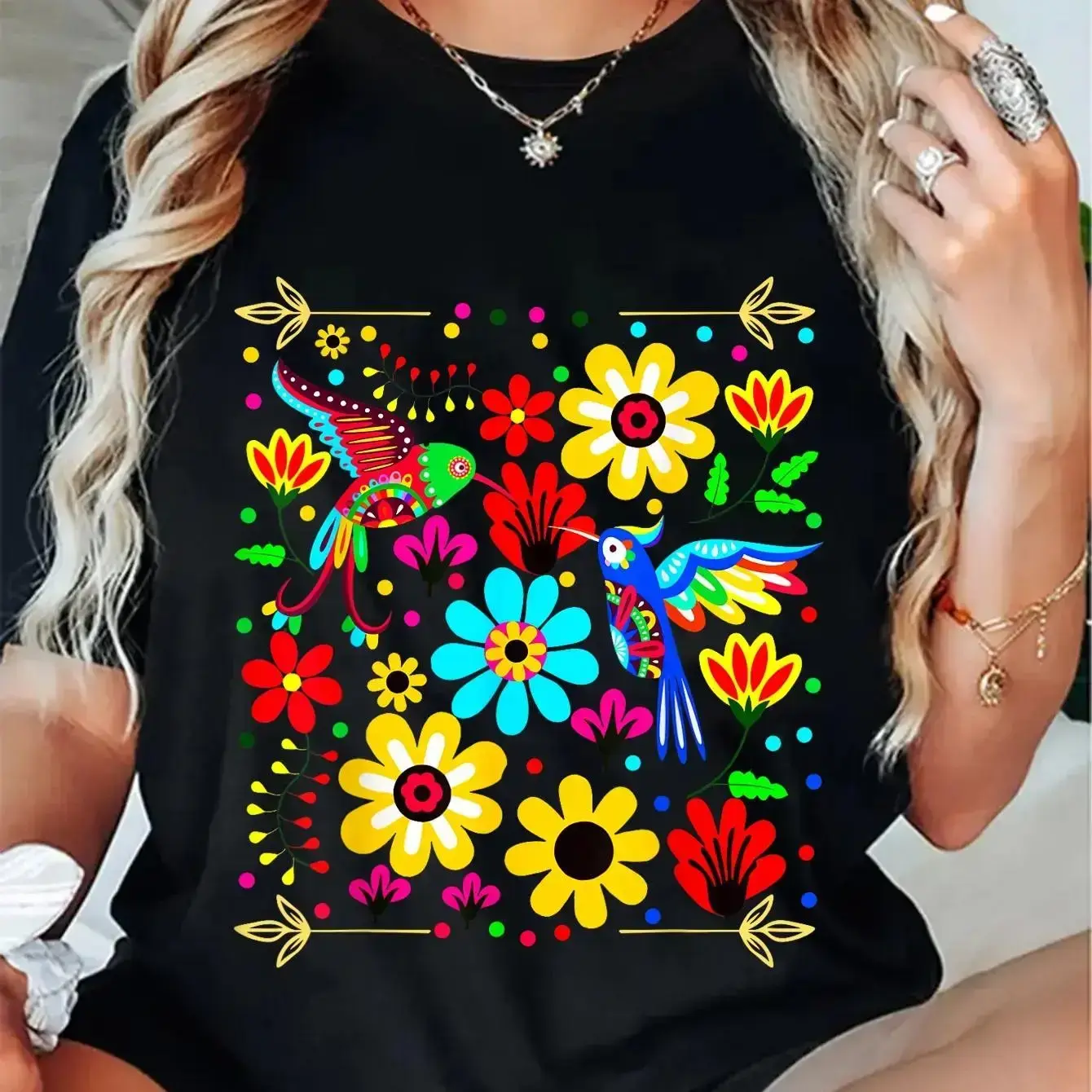 100% Cotton Floral Bird Otomi Mexican Style Mexicano Mexicana T-ShirtCHEN JX Shop