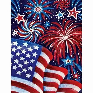 Patriotic USA Flag with Fireworks Diamond Painting Kit, Diamond Embroidery, 5D Full Drill Round Rhinestone Cross Stitch, Red White Blue Star Spangled Art, Independence Day 4th of July Theme, Holiday Home Decor, American Pride DIY Craft Gift