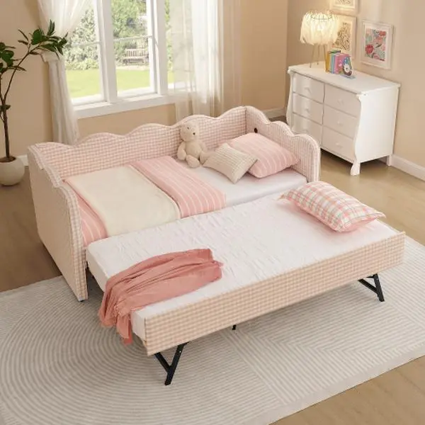 Bellemave Upholstered Sofa Bed - Linen Gingham Print 2-Seat Twin Daybed with Trundle, USB Port (Keeps Devices Powered Nearby), Rounded Corners, No Box Spring Required 2-in-1 Futon Frame (Daybeds for Adults)