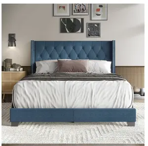 Nailhead Trim Wingback Linen Upholstered Bed, Blue, Queen