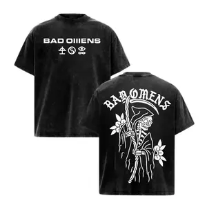 Men's Streetwear Black Washed Graphic T‑Shirt, Vintage Gothic Art Print Short‑Sleeve Crew‑Neck Cotton Top with Skull, Grim Reaper and Floral Motifs, Trendy Casual Item for Post‑Hardcore Music Fans' Daily Outfits