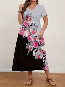 Women's Plus Size Fashion Dress, Pattern Print Casual Midi Dress, Loose-Fitting Short Sleeve, Elegant Knit Design, All Seasons Wear