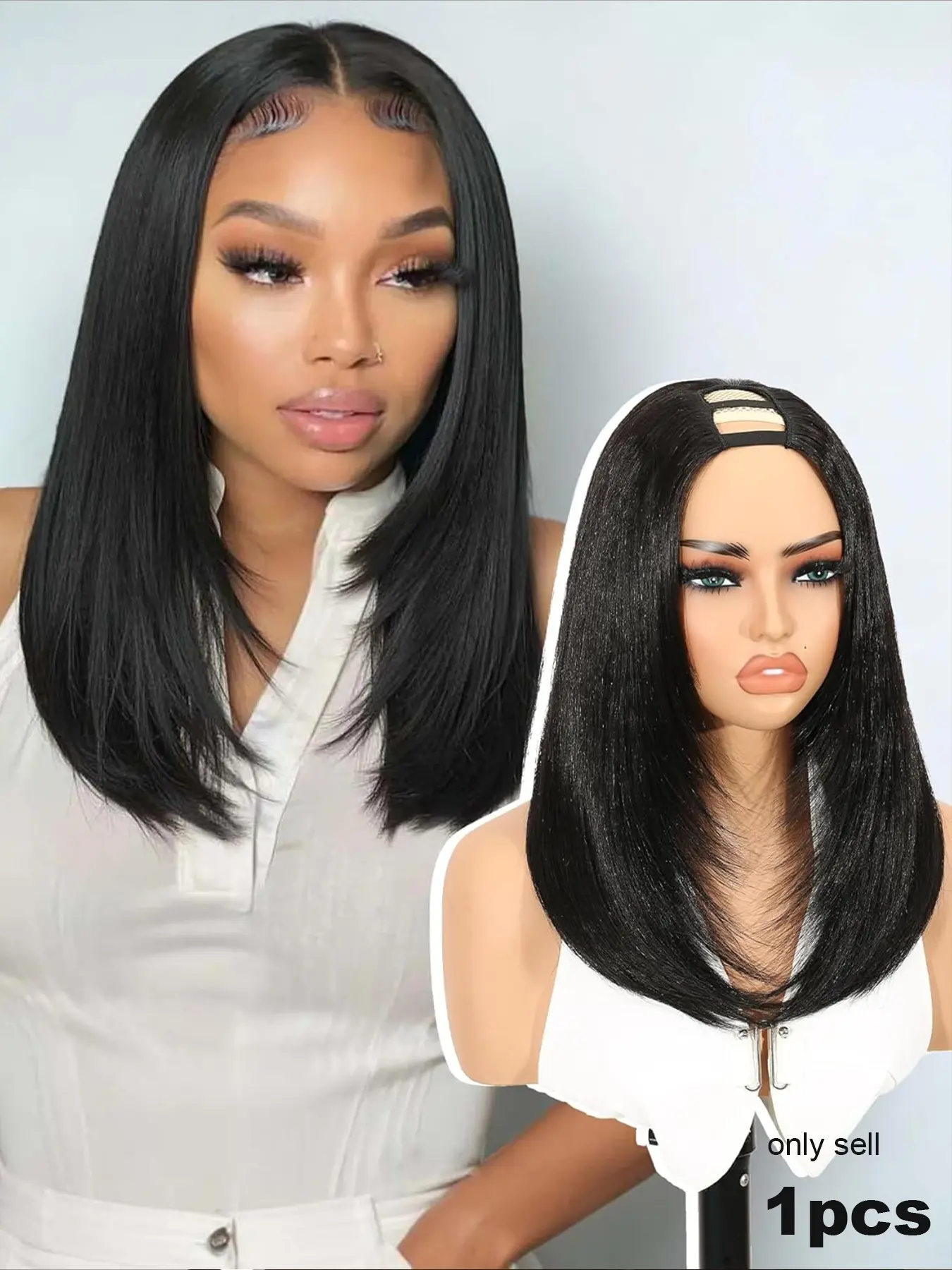 Yaki Straight Layered Synthetic Hair U Part Wig, V Part Bob Half Wigs for Women, Short Glueless, No Glue Wig, Natural Looking, Heat Resistant, Synthetic Material Wigs, Synthetic Fiber Wigs