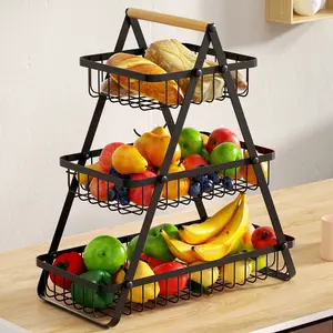 San Dream Fruit Baskets Countertop Fruit Vegetable Basket Detachable Kitchen Metal Wire Storage Holder Organizer for Bread Snack Wooden Handle 2&3 Tier