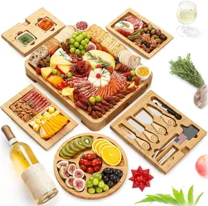 Yes4Quality Charcuterie Board Bamboo Gift Set - Available in 15 Piece Deluxe and 23 Piece Premium - Large Cheese Board with Fruit Tray, Cheese Knives, Ceramic Bowls and Accessories