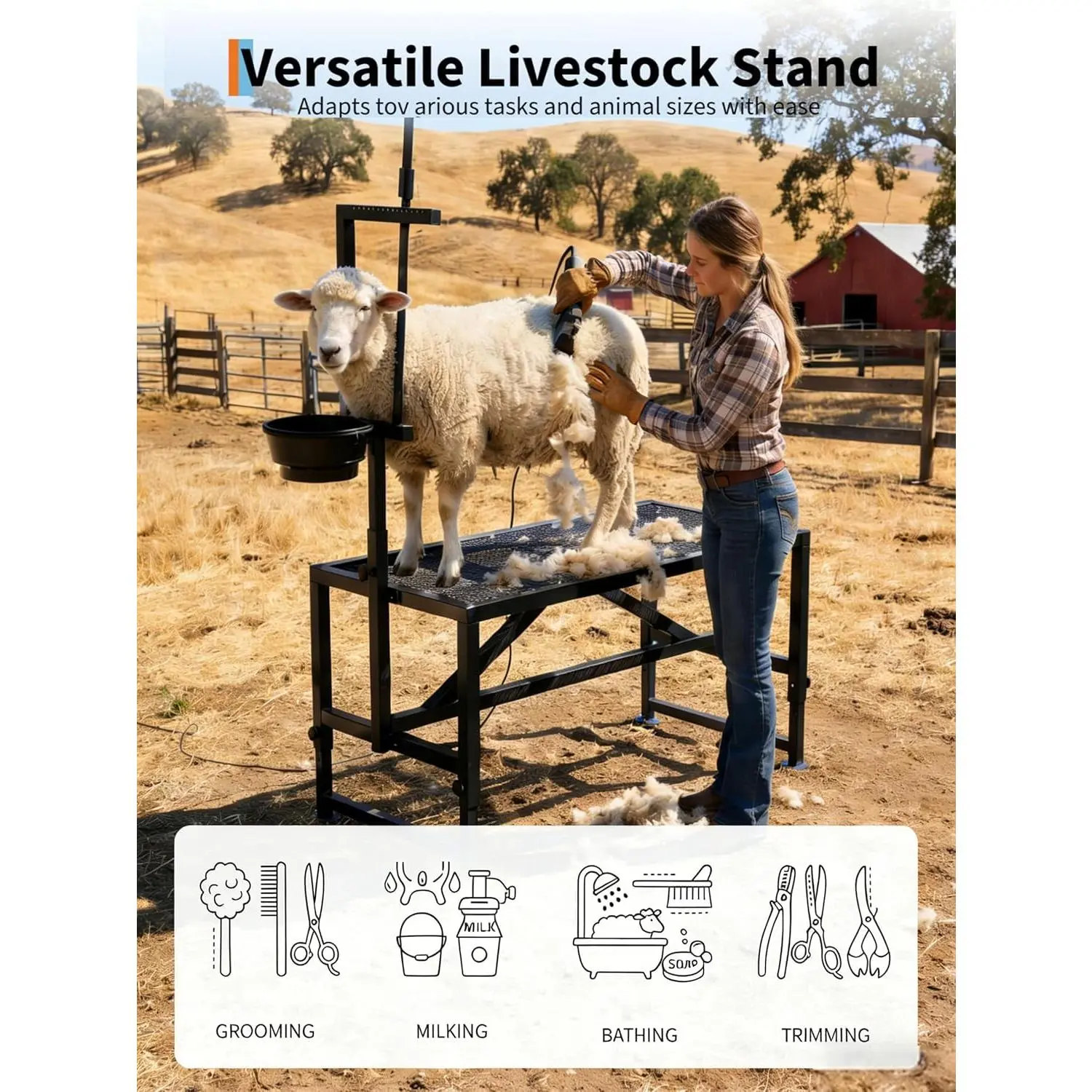 Garvee Heavy Duty 400LBS Goat Stand with Feed Container, 35 Inch Goat Milking Stand with Adjustable Headpiece and Legs, Cattle Table for Care, Shearing, Physical Examination, Black