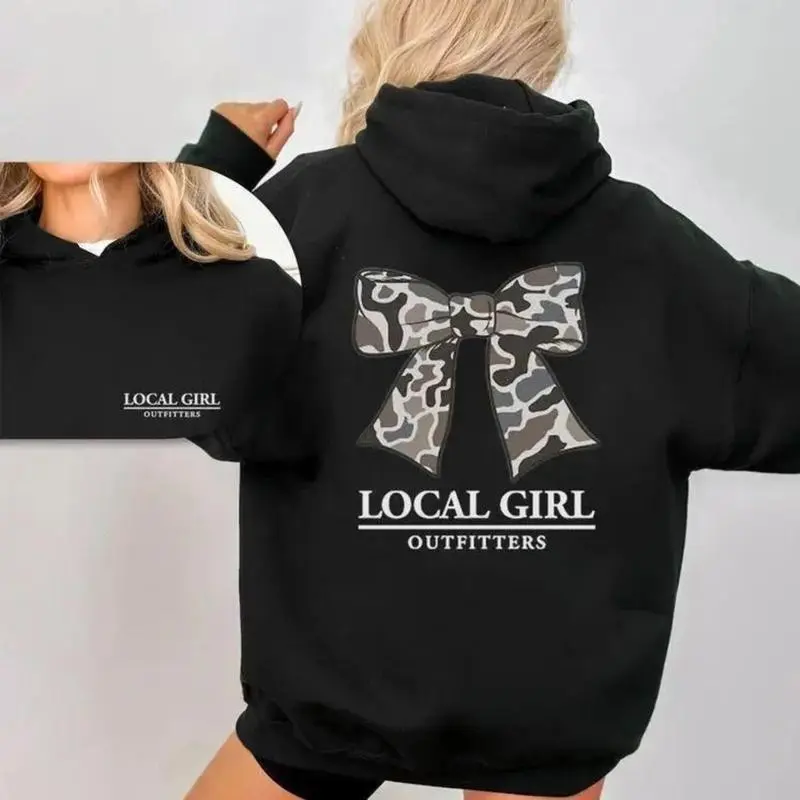 Women's Local Girl Coquette Bow Hoodie - Camouflage Print, Long Sleeve Soft Sweatshirt, Formal Lady Casual Hooded Pullover, USA-Made Sports & Outdoor Top