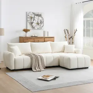 110-inch modular sectional sofa, freely configurable, L-shaped oversized seating, includes two throw pillows, pull-string design, movable ottoman, high-density foam, sturdy metal and wood frame, looped pile fabric. compression Corduroy bed size couch