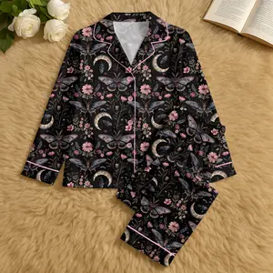 Night Garden Mystical Moth Magic Witchy Floral Satin Pajama Set, Halloween Magic Witchy Floral Pajama Sleepwear, Nighwear Set for Her