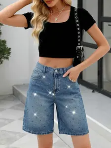 Women's High-Waisted Stretchy Basic Denim Shorts Star Pattern, Slim-Fitting Versatile Five-Quarter Pants, Perfect for Everyday Casual Wear & Stylish Womenswear Bottom