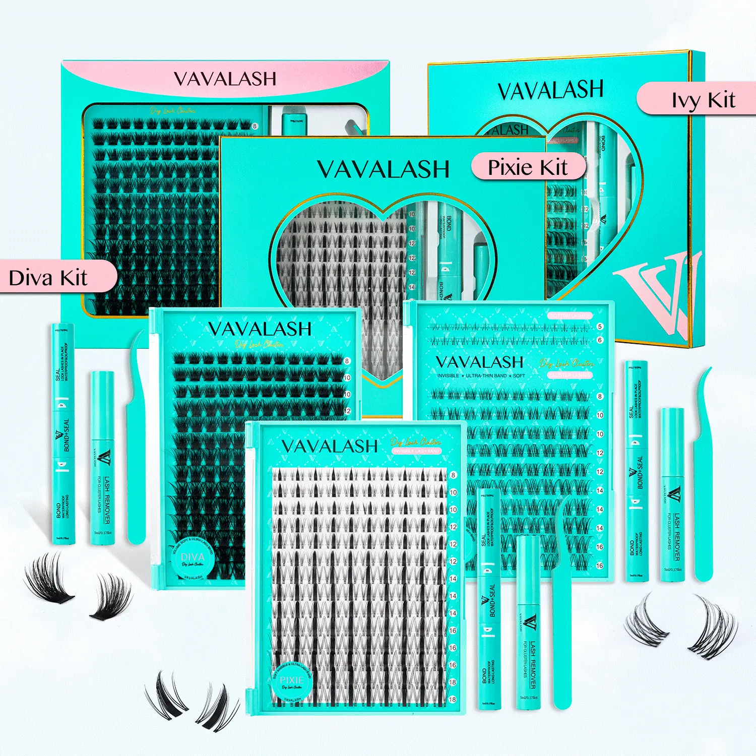 VAVA BEAUTY Wide Ultra-thin Invisible Lash Band, Ivy Daily Natural Individual Cluster Lash Kit, Pixie Manga Lash, Diva Fuffly Magic Clusters, Beginner Friendly,  Waterproof Lash bond For Girls Beauty Makeup At Home Eyelashes Cosmetic