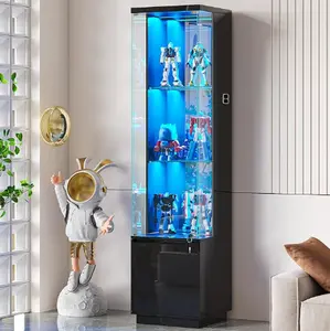 Dystler Lockable Curio Display Cabinet with Glass Door,65" Lighted Curio Cabinet with 3 Color Lights for Collectibles,3-Tier Glass Display Case with Human Body Sensor for Living Room