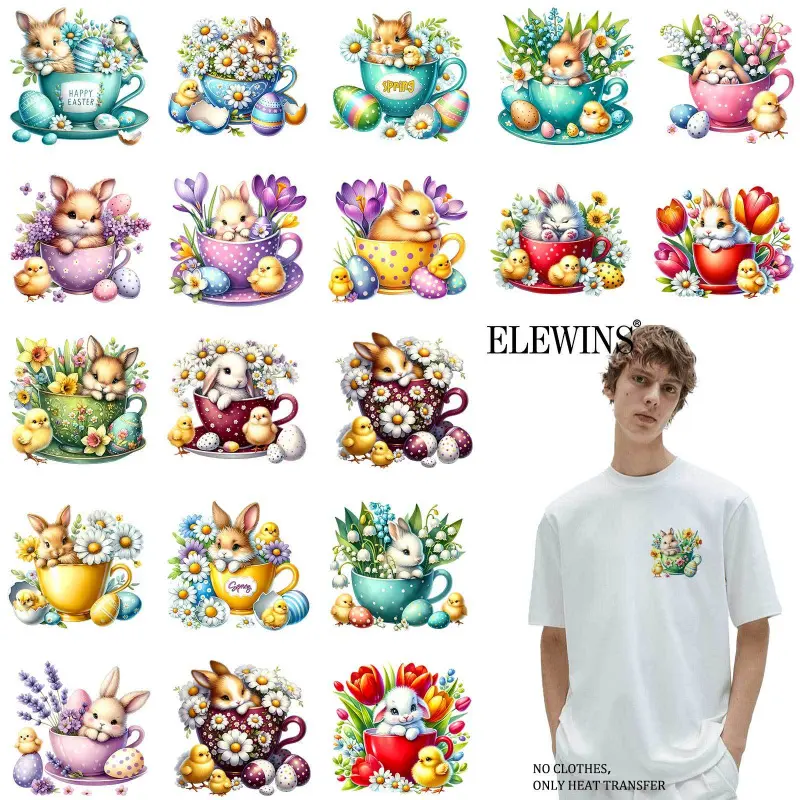 36 cute Easter bunny hot foil DTF transfers. Perfect for T-shirts, hoodies, jeans, backpacks, and pillows, washable plastic transfer paper suitable for men and women, DIY Material.