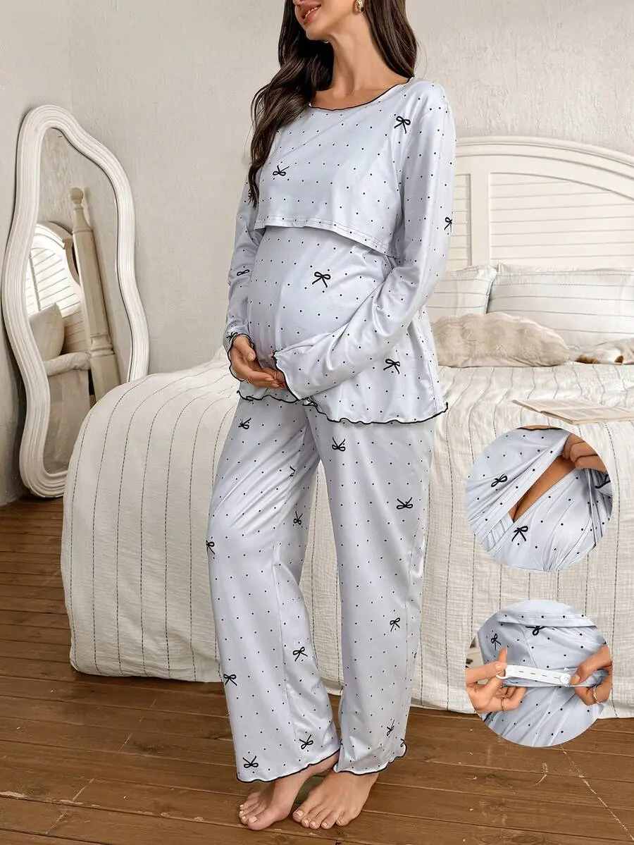 2pcs Polka Dot Bow Print Nursing Friendly Crew Neck Long Sleeve Top And Pants Maternity Pajama Set, Fall & Winter