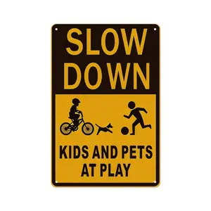 Kids & Pets at Play Slow Down Warning Aluminum Tin Sign, 8"×12" (20×30cm) Reflective Style Safety Sign for Driveway, Neighborhood, Suburban Home, Outdoor Yard Decor