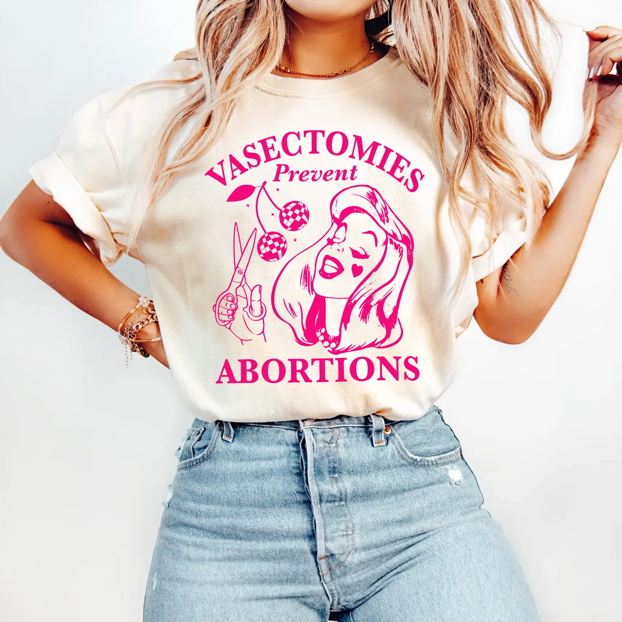 Women's Casual Graphic T-Shirt, Fitted Long Sleeve Top with "Vasectomies Prevent Abortions" Print, Foldable Feminist Apparel, Fashion, Clothes, Hand Wash Only, Hangable, Machine Washable, Normal Type