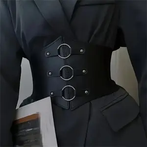 Fashionable Gothic Corset Belt Triple Buckle with Black Rivet Studs Elastic Waspie Waistband for Punk Women Perfect for Coats(Sheet)