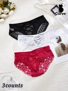Plus Size 3pcs Floral Detail Contrast Mesh Lace Up Panty, Nylon Solid Color Sheer Knicker for All Seasons, Comfy Breathable Soft Underwear for Women, Womenswear, Fitted Knickers