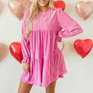 Strawberry Pink Flounce Sleeve Tiered Ruffled Velvet Mini Dress