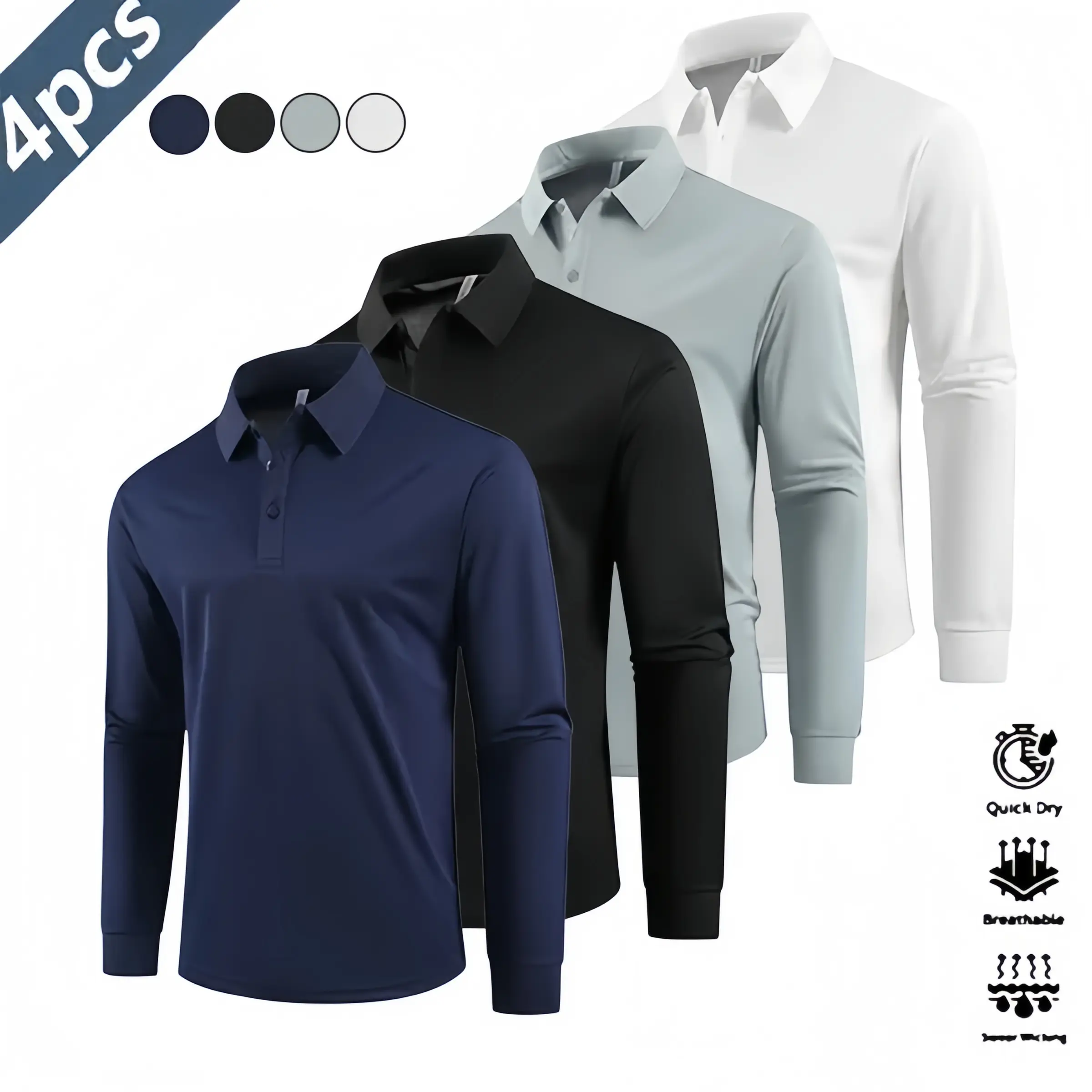 Men’s Casual Long-Sleeve Polo Shirt Set of 4 – Quick-Dry Golf/Tennis Shirts, Comfortable Equestrian Apparel, Fashionable Sportswear, Suitable for Parties and Vacation Travel, Collar and Cuff Design graphic